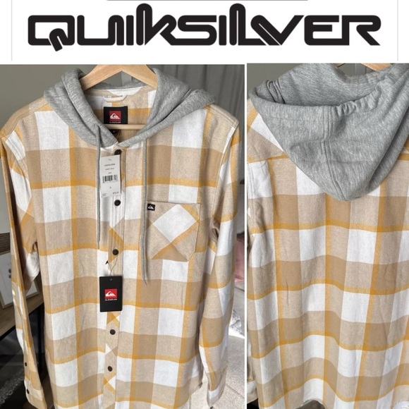 Quiksilver Men's Button Up L/S Flannel Shirt w/Hood Honey Gold Size S NWT $75 - Picture 1 of 16